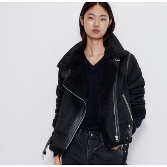 Zara Jackets & Blazers - Zara Biker Moto Double Faced Jacket Faux Leather Shearling Black NOWT